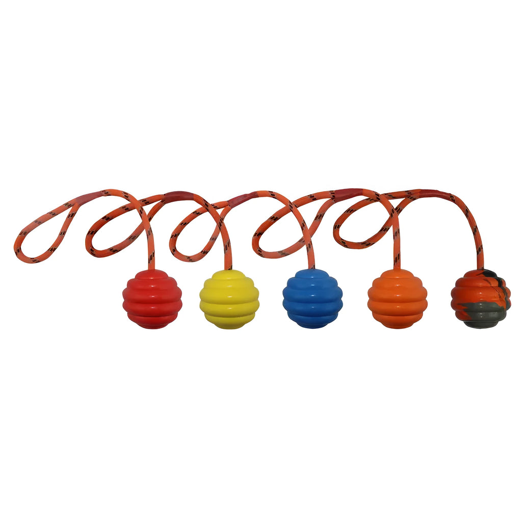 Multi-color rubber dog toy ball with rope knots measuring 6cm by 30cm