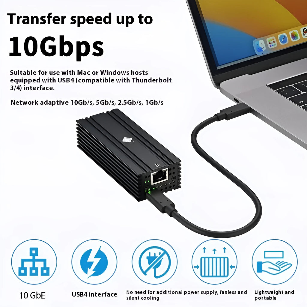 Black Leyu USB4 to 10 Gigabit Ethernet network adapter with RJ45 port and short cable