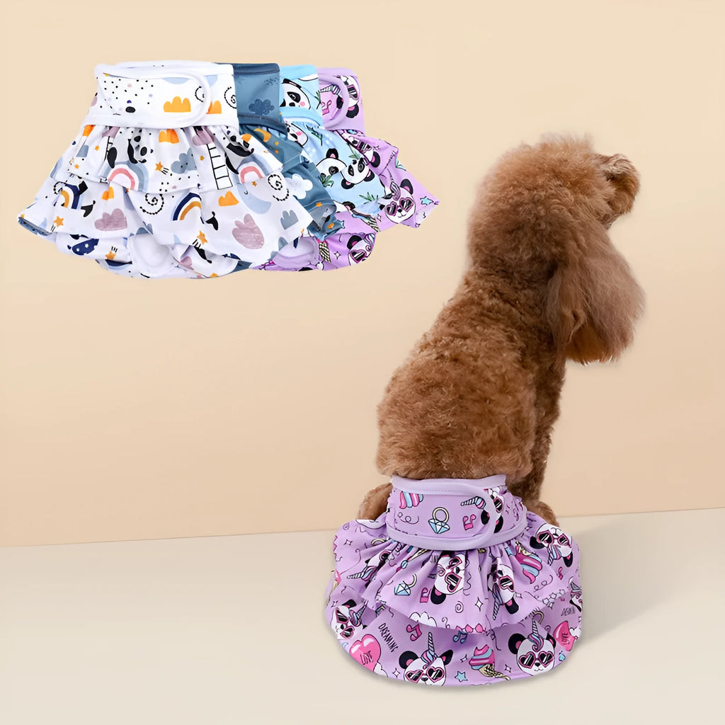 Washable polyester dog physiological pants in panda, ocean, avocado and daisy styles, sizes XS to XL
