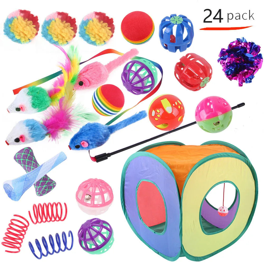 Plastic cat toy set with interactive tunnel and colourful accessories for indoor feline play