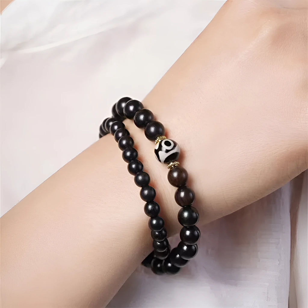 Ebony wooden Tibetan beads bracelet with two circles in 8mm unisex design
