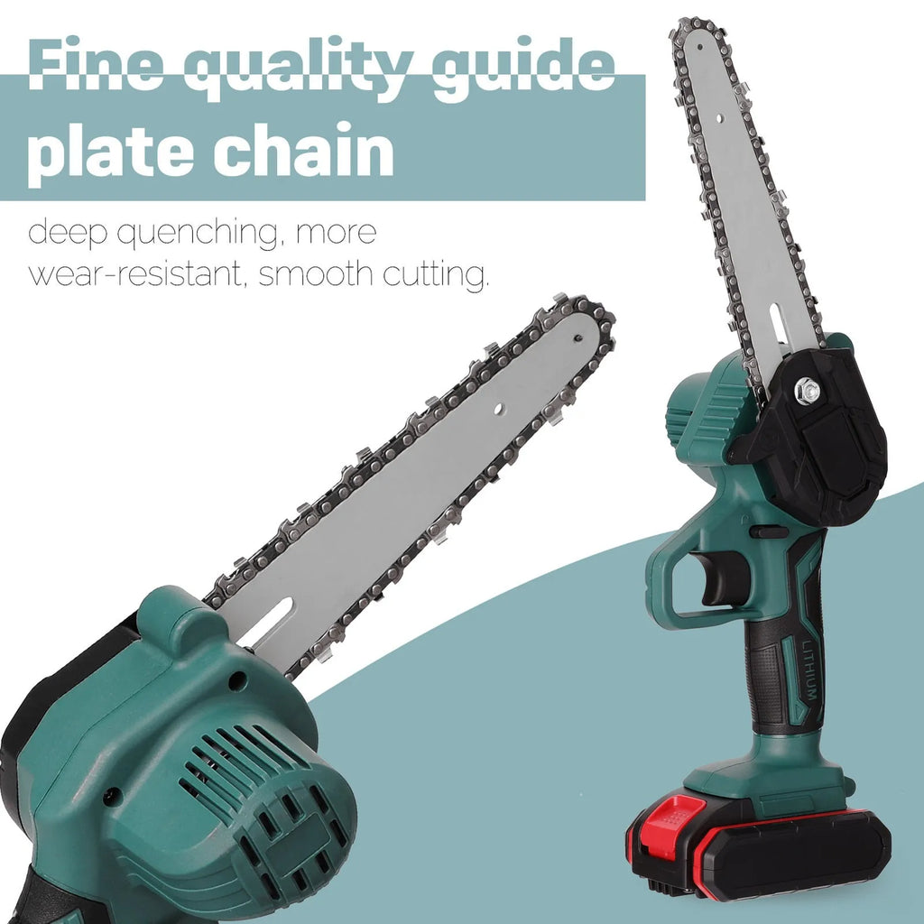 Black mini electric chainsaw with 4-inch guide bar held in one hand, showing compact size.