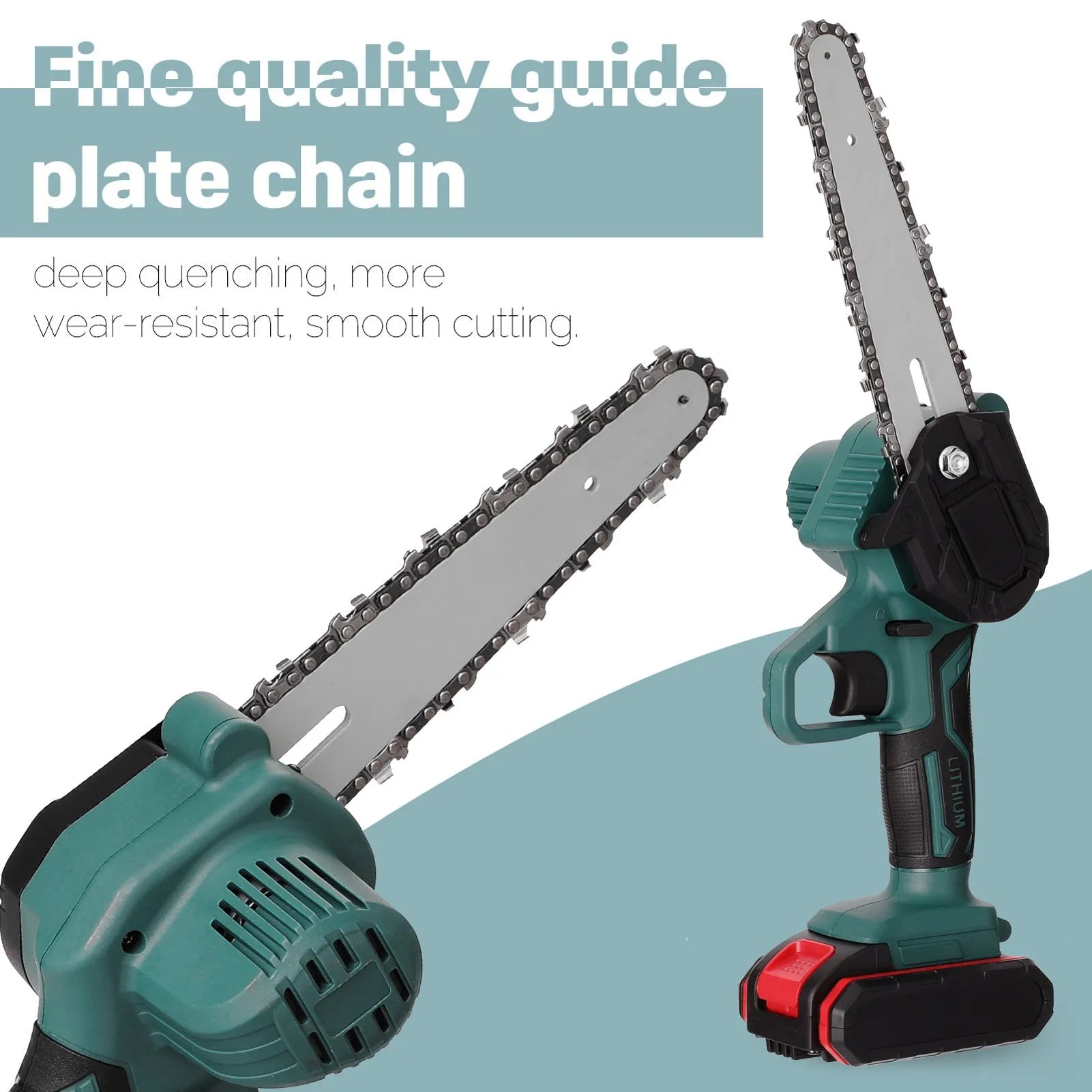 Black mini electric chainsaw with 4-inch guide bar held in one hand, showing compact size.