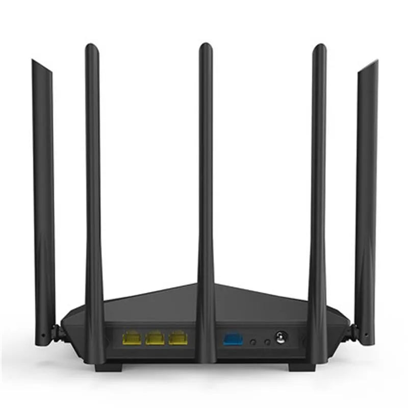 Black AC11 Gigabit wireless router showing four Gigabit Ethernet ports on the back.