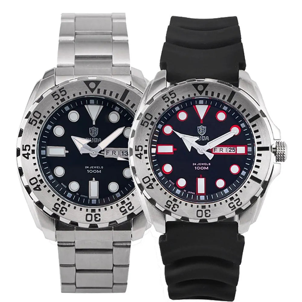 Men's waterproof luminous watch with blue dial on a steel bracelet.
