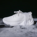 Women's white thick-soled sports shoes with flying woven upper and front strap design
