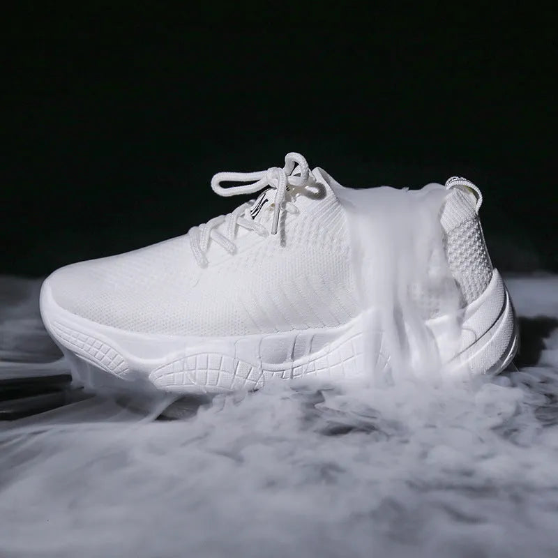 Women's white thick-soled sports shoes with flying woven upper and front strap design