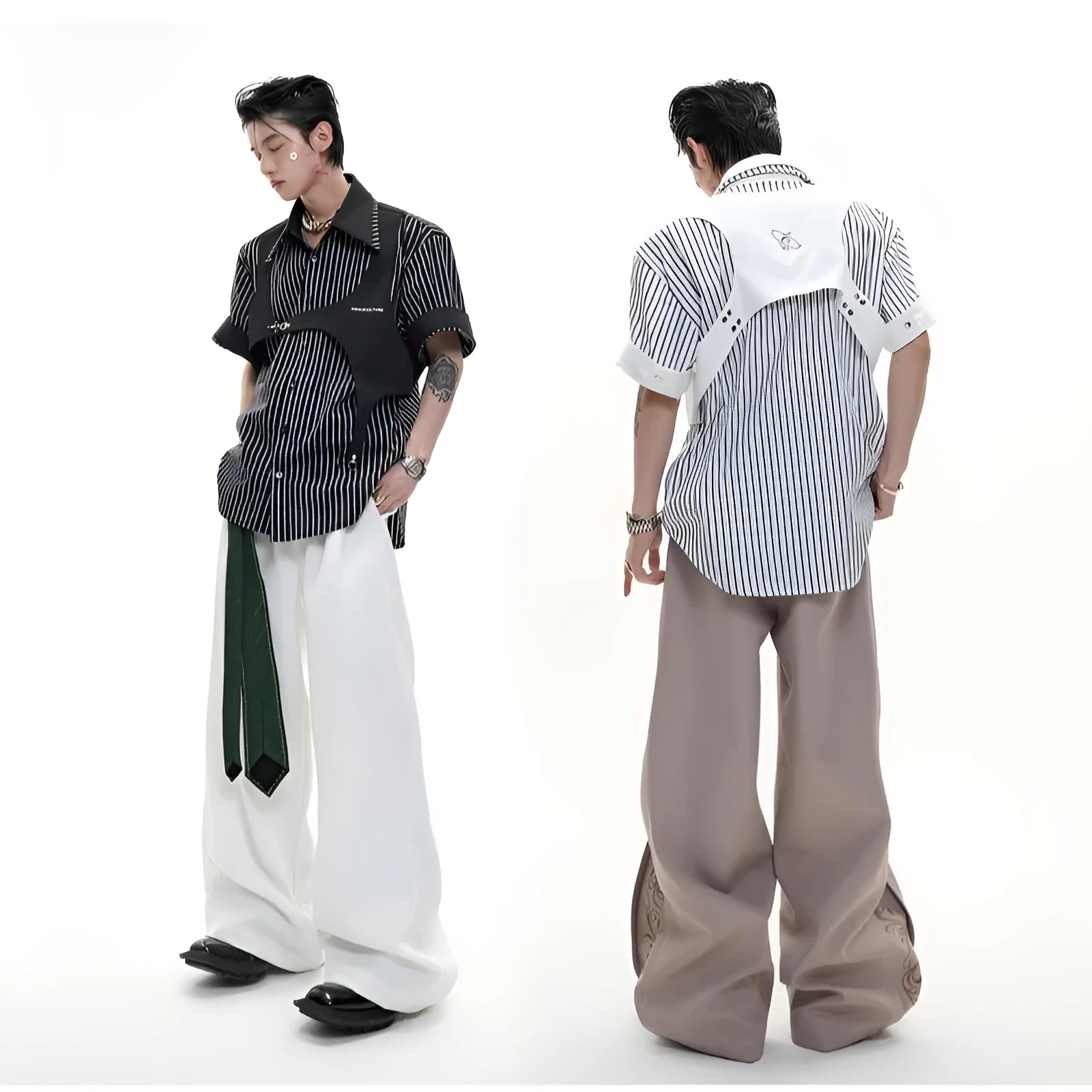 Men's black and white striped cotton shirt with a double collar creating a vest-like appearance.