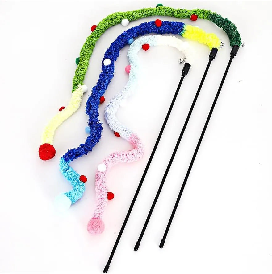 Interactive cat wand toy with colourful plush strip and bell for indoor feline play