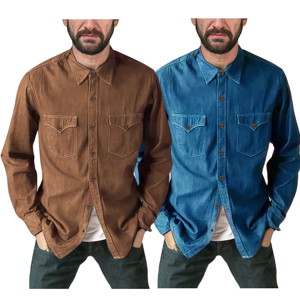 Men's denim cardigan coat in khaki, black, blue, or grey showing cardigan style and regular fit