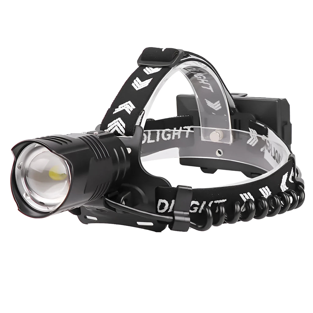 Black telescopic zoom headlight with aluminium alloy body, showing micro USB port and press switch.