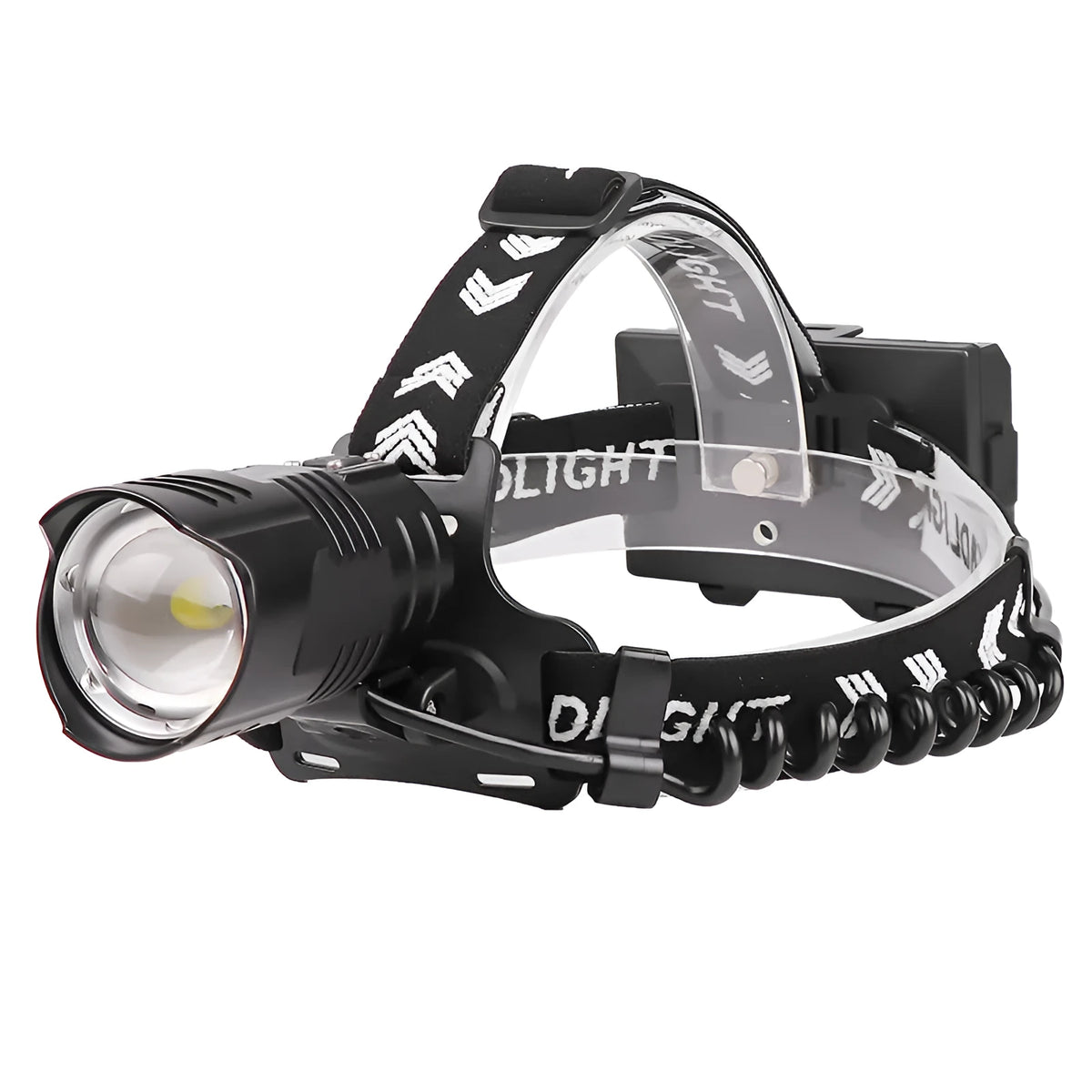 Black telescopic zoom headlight with aluminium alloy body, showing micro USB port and press switch.