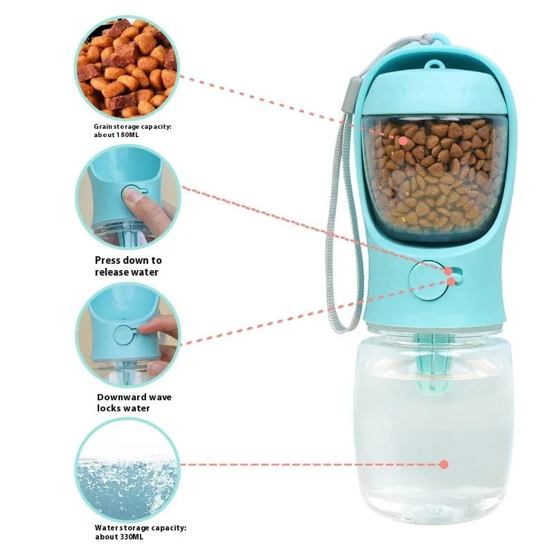 Blue dual-use dog drinking cup with split compartment for water and food.