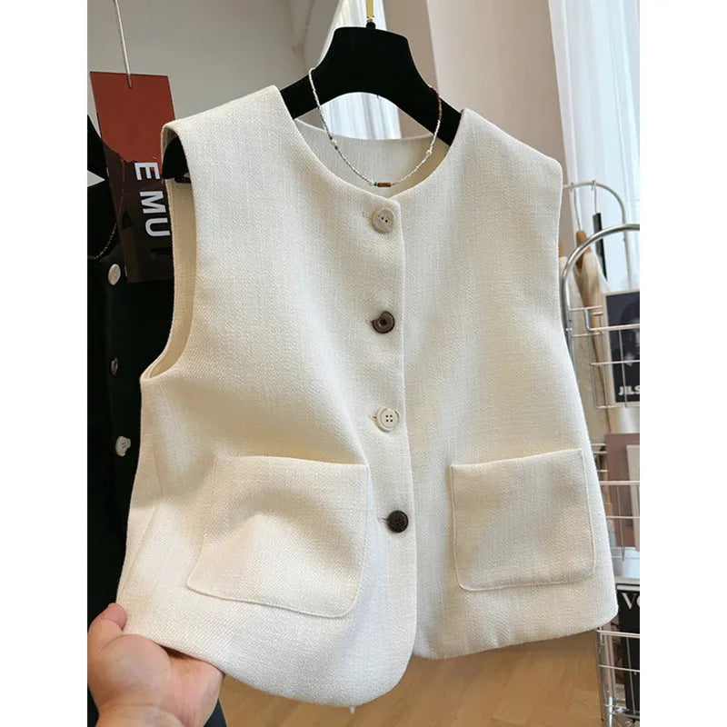 Women's French-style bandage vest in polyester fabric, round neck, sleeveless design