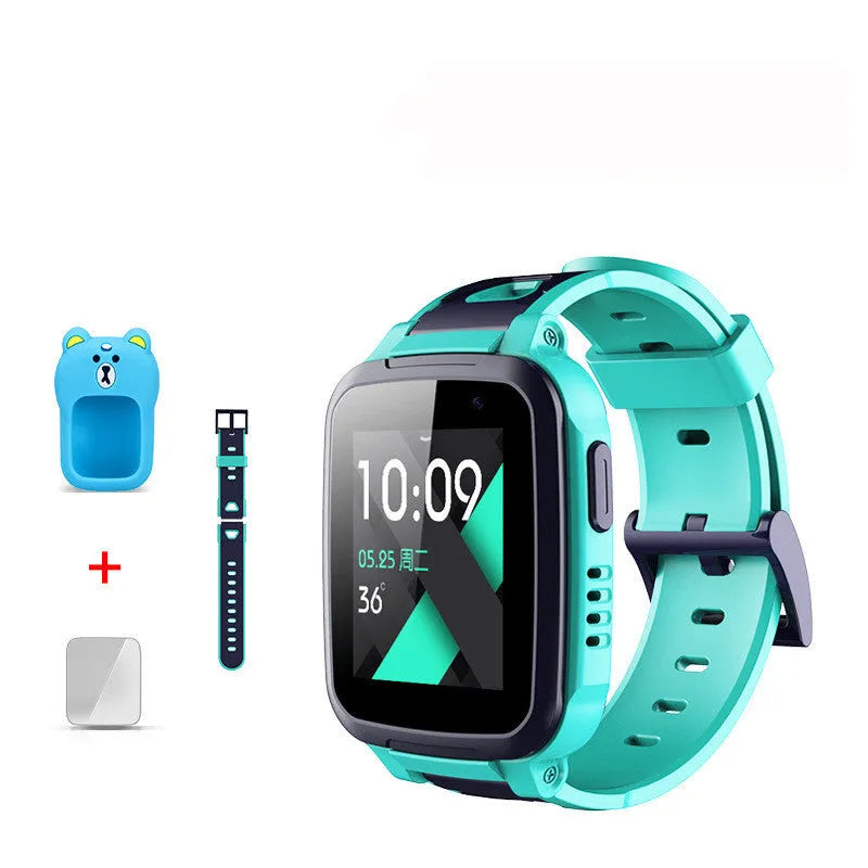 SE5 model blue children's phone watch with stainless steel strap on a child's wrist, showing touch screen display