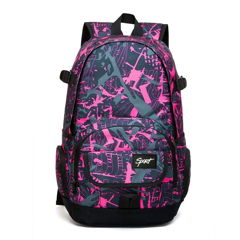 Blue classic nylon backpack with multiple compartments shown on a white background.