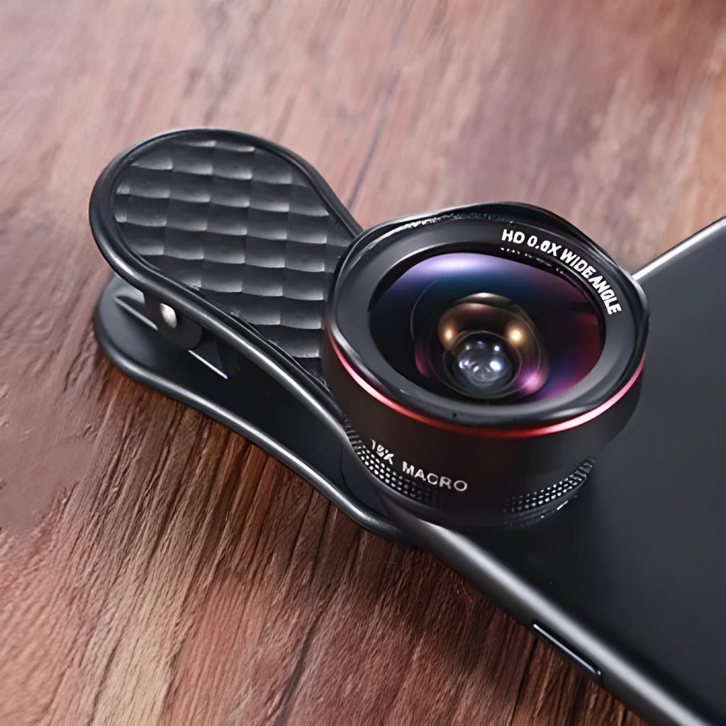 Black mobile phone wide-angle and macro camera lens kit with storage box and clip on a white background.