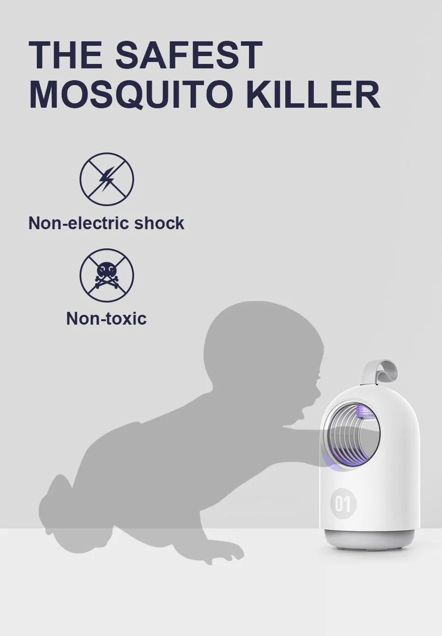 Blue and white indoor mosquito killer lamp with UV light ring, suction vents, and a silicone carry handle.
