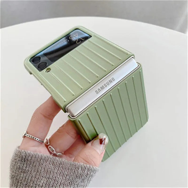 Samsung Z Flip3 ultra-thin flip phone case in seven colour options showing front and back views