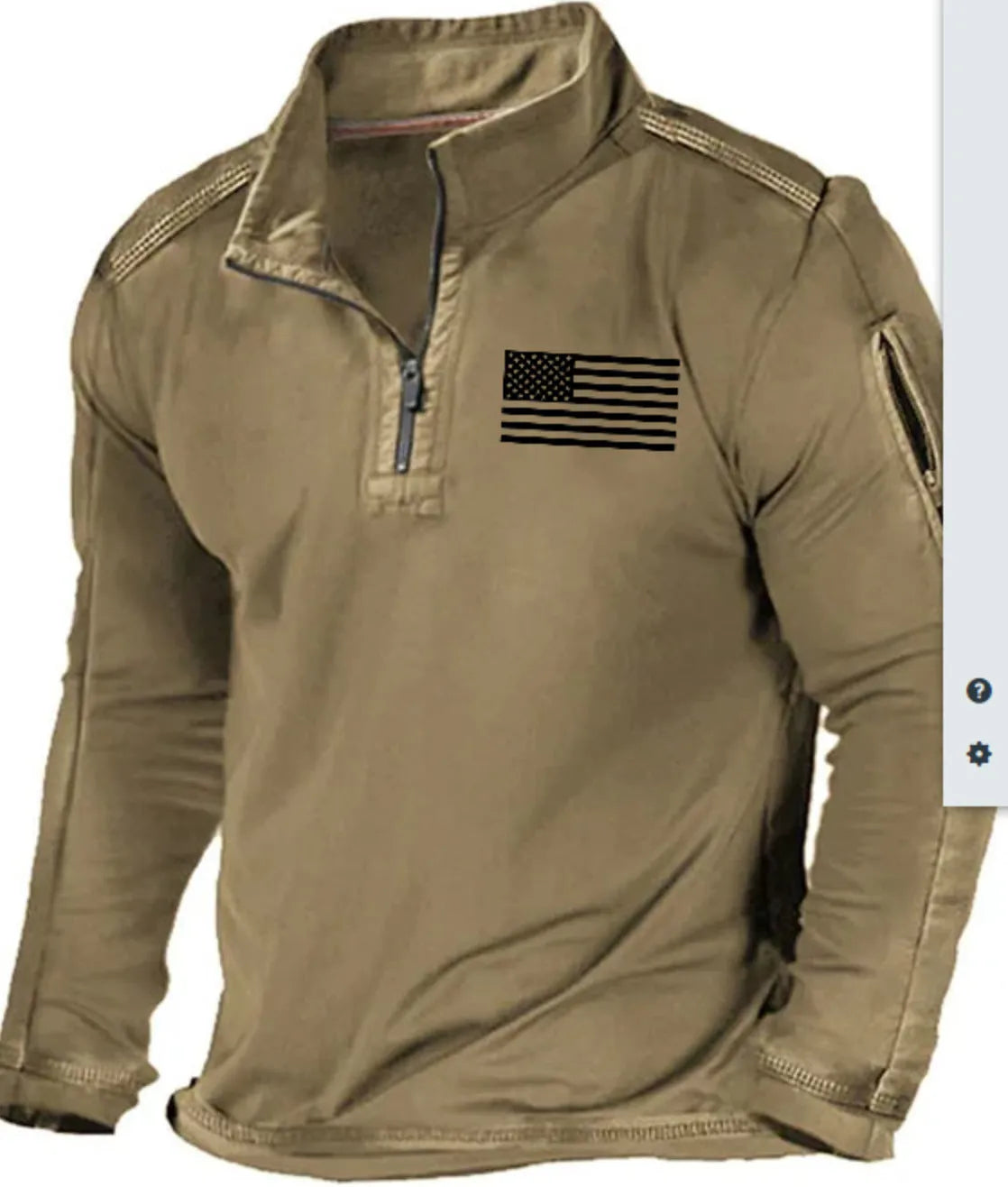 Men's dark coloured zip-up sweater with a stand collar and long sleeves laid flat.