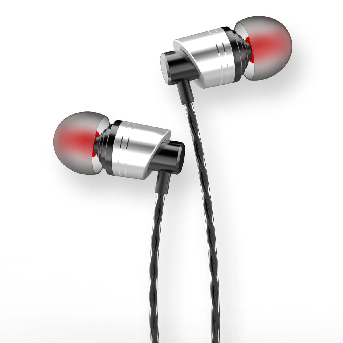 3.5mm wired in-ear headphones with detachable microphone in black, blue, or red colours showing 10mm drivers and TPE cable