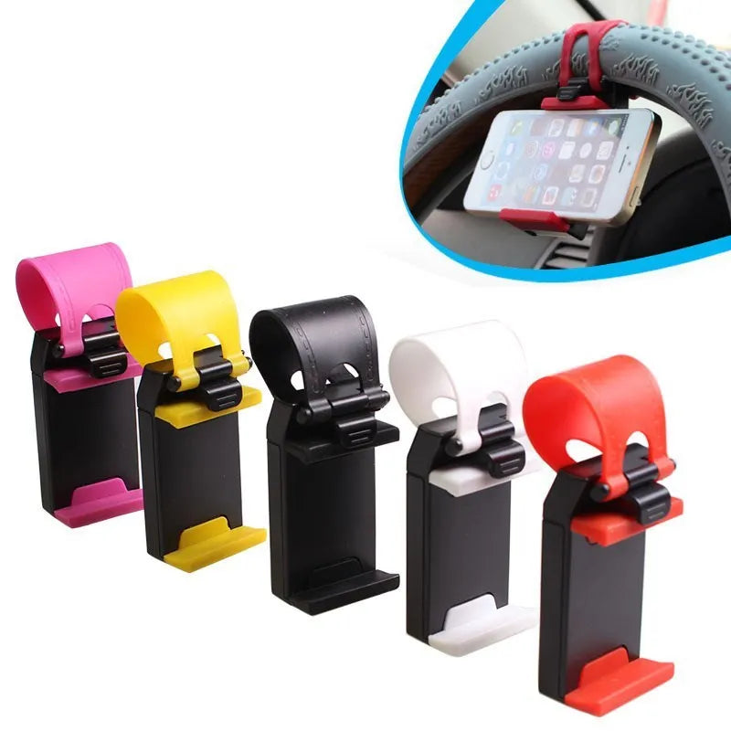 Black universal steering wheel phone holder clip for smartphones showing silicone pad