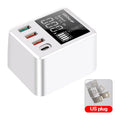 White 4-port travel charging head with LED display and UK plug for multiple device charging
