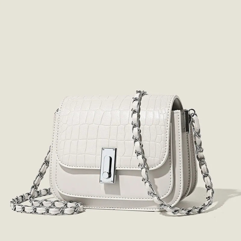 Women's soft PU leather chain shoulder bag in horizontal square shape with mobile phone pocket