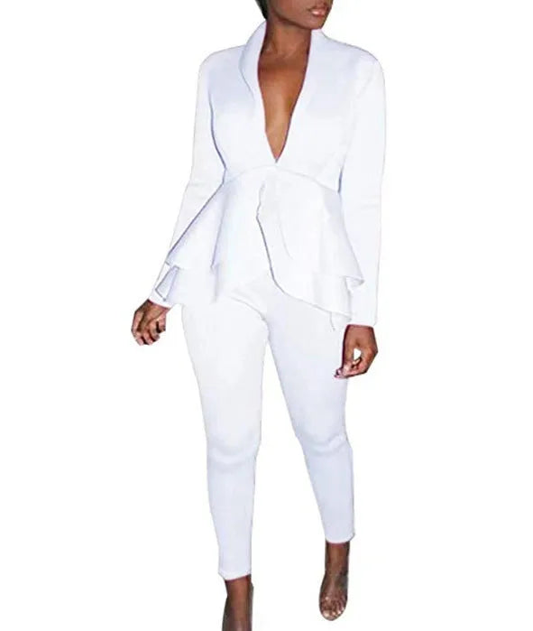 Two-piece polyester business uniform set with ruffled shirt and pencil pants