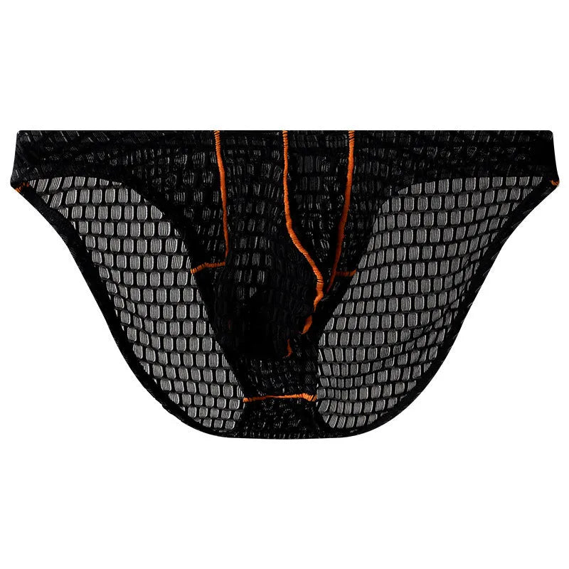 Men's ice silk lace low waist briefs on a white background, shown in multiple colour options.