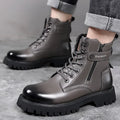 Men's thick-soled high-top Martin boots with side zipper in light brown colour showing cowhide upper and stitching detail