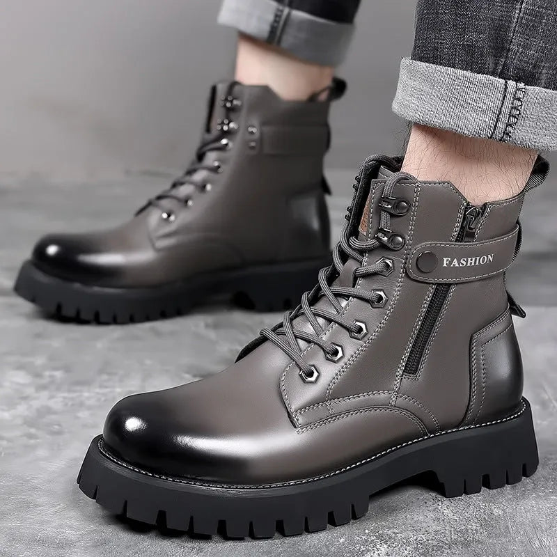 Men's thick-soled high-top Martin boots with side zipper in light brown colour showing cowhide upper and stitching detail