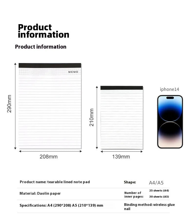 A4 tearable notebook with grid-patterned pages for meeting minutes