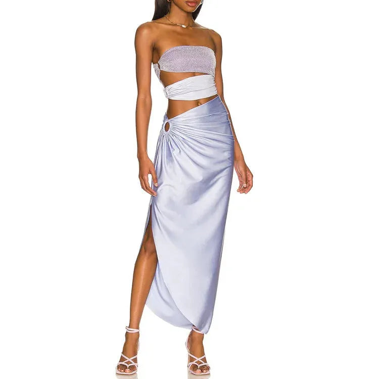 Purple one-piece swimsuit with hollow design and matching wrap skirt set for women seaside vacation wear