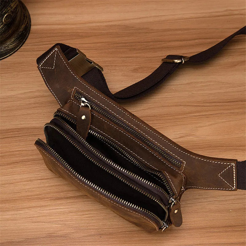 Brown top layer cowhide men's sports waist bag with pull closure