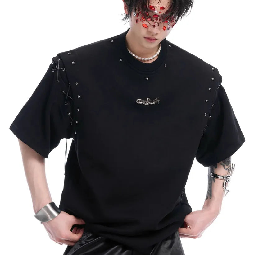 Black deconstructed short sleeve t-shirt with lace-up detail and a cutout design on a mannequin.