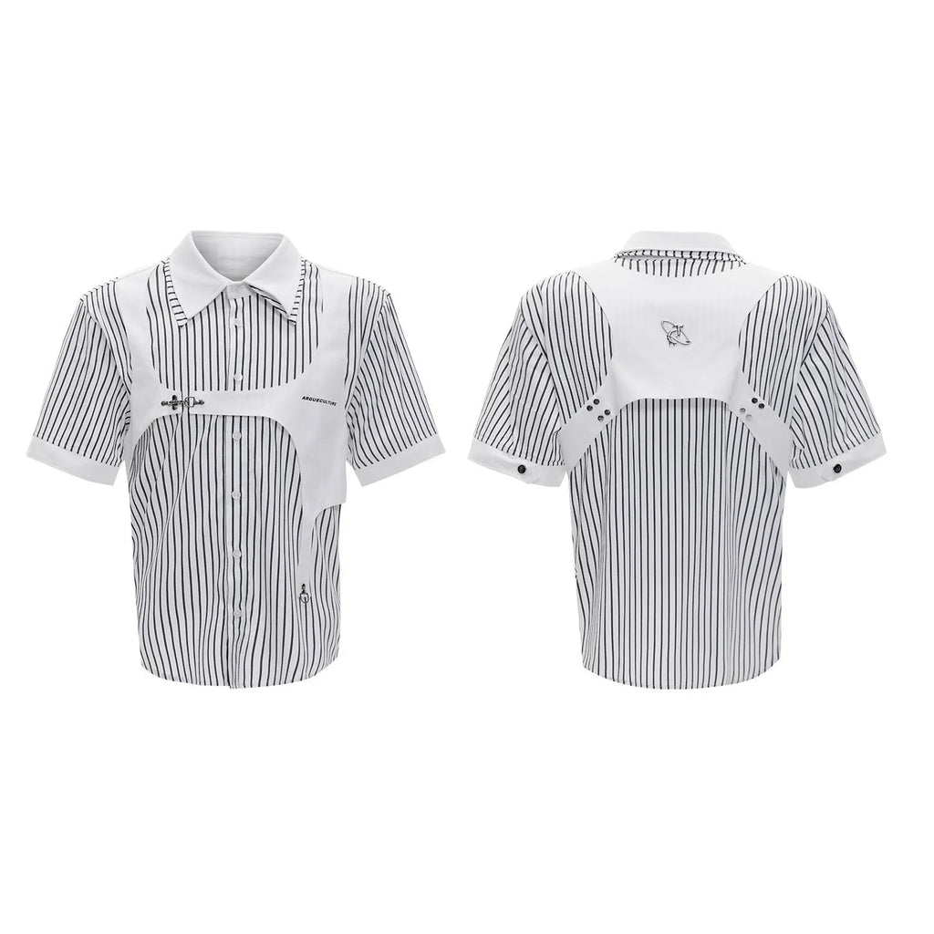 Men's black and white striped cotton shirt with a double collar creating a vest-like appearance.