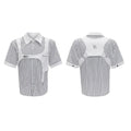 Men's black and white striped cotton shirt with a double collar creating a vest-like appearance.