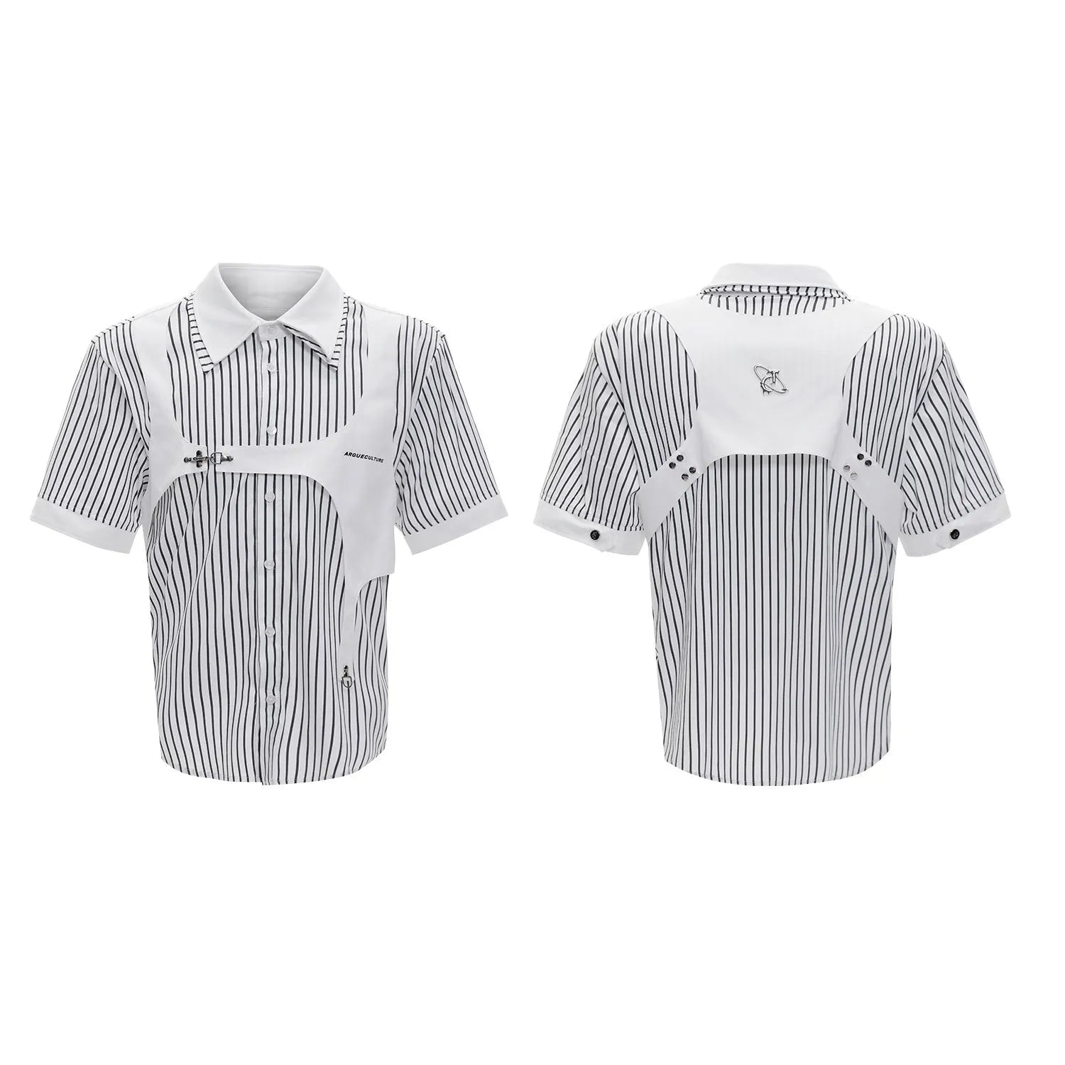 Men's black and white striped cotton shirt with a double collar creating a vest-like appearance.