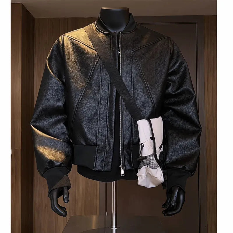 Men's black PU leather biker jacket with egg white litchi pattern texture, extended length design