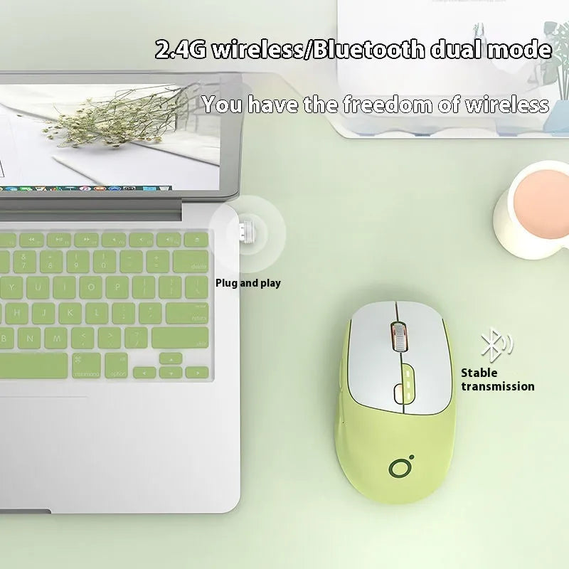 Mute wireless Bluetooth mouse in matcha green colour on a desk, showing ergonomic right-handed shape.