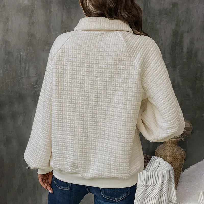 Women's Milky White textured polo collar sweater laid flat, showing long sleeves and thickened knit fabric.