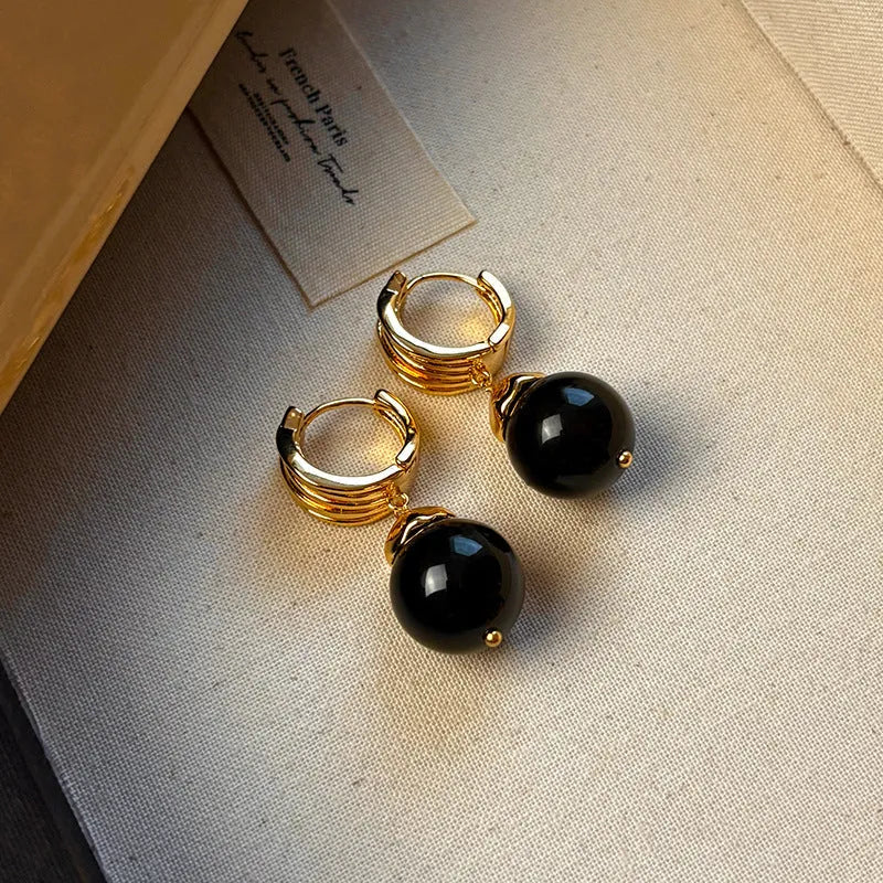 Gold-plated geometric earrings with tigereye stone beads in French retro style