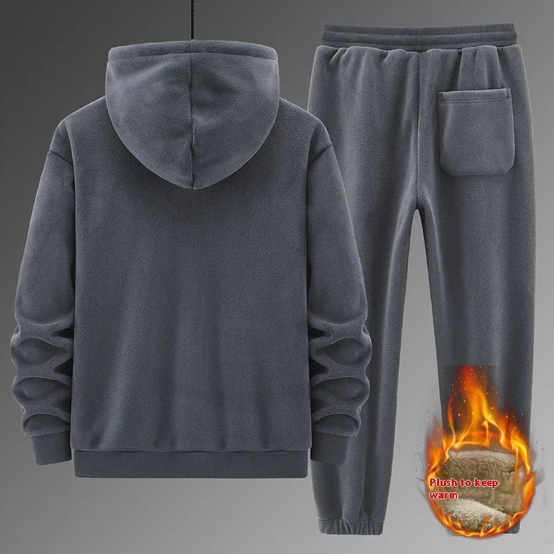 Men's grey hooded tracksuit set with polyester jacket and matching trousers for sports wear
