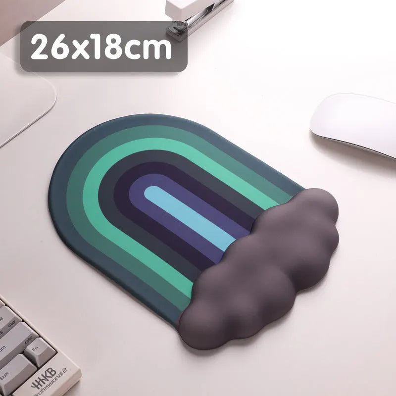 Silicone wrist rest mouse pad and matching keyboard support with cloud pattern design on desk