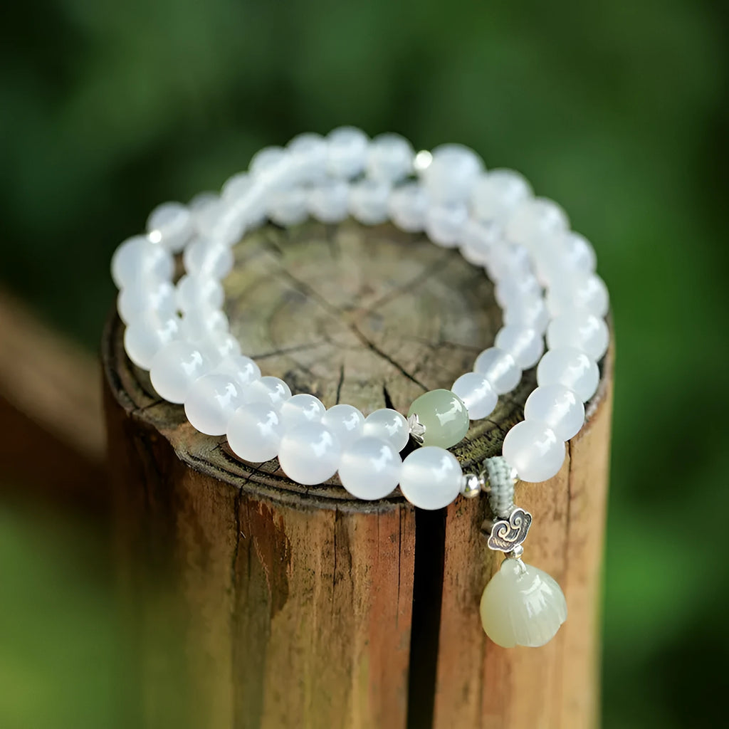 Women's S925 silver bracelet with white agate and Hetian jade stones in geometric national style design