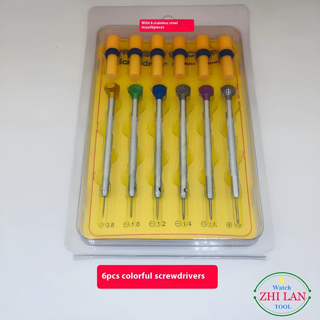 Six colour-coded aluminium screwdrivers for watch repair with copper handles and oxidised cutter heads