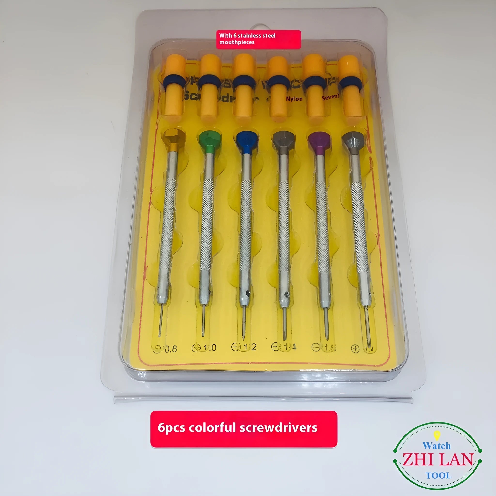 Six colour-coded aluminium screwdrivers for watch repair with copper handles and oxidised cutter heads