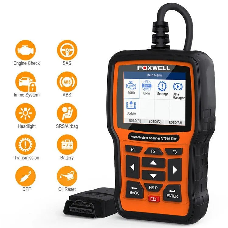 Foxwell NT510 orange and black automotive OBD2 diagnostic scanner and reset tool.