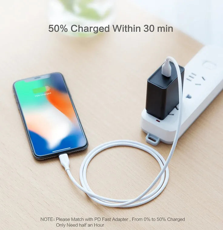 White USB-C to Lightning charging cable for Apple iPhone and iPad, 1 metre long
